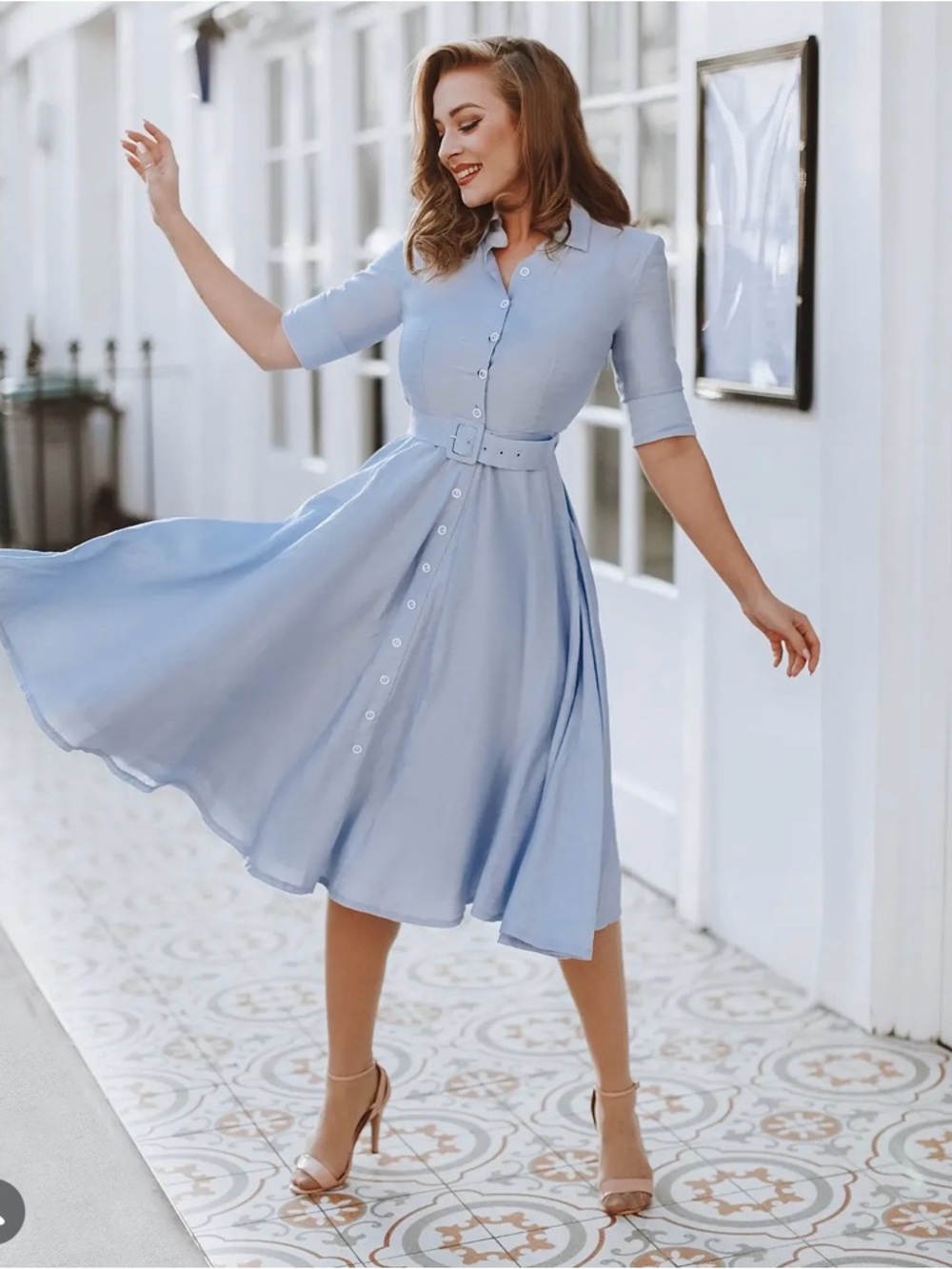 Zoe Vine London Light Blue Midi Valerie Dress with Belt